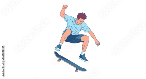 Illustration of skateboarder performing ollie trick on skateboard
