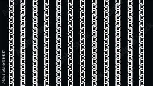 Seamless black and white pattern of vertical chains in a geometric grid. Rectangular links create a bold, high-contrast, symmetrical design with a clean, flat, two-dimensional view.