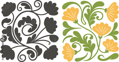 Dark gray floral scrollwork and yellow green floral pattern leaves flowers.