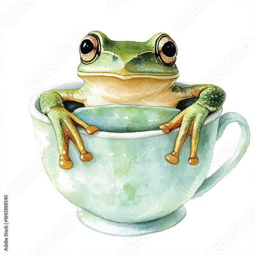 Watercolor Frog Relaxing in a Teacup with Large Eyes and Golden Toes