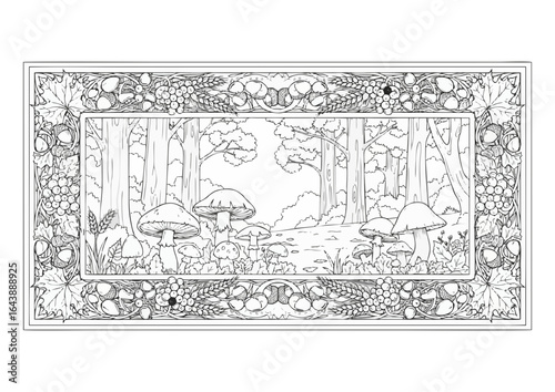 Autumn decorative frame with a woodland scene featuring mushrooms, surrounded by leaves and acorns, empty space for text