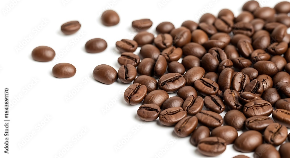 Obraz premium Pile of roasted coffee beans scattered on a clean white background isolated on white background