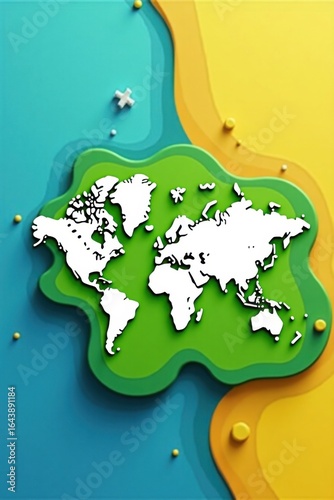 A Vibrant 3D Illustration of the Earth with Continents Floating on a Green Surface Surrounded by Blue Water and Yellow Sand