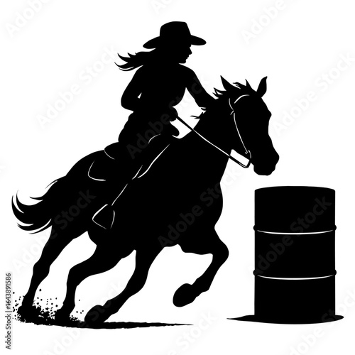 A dynamic silhouette of a cowgirl on horseback in the midst of a barrel racing competition, showcasing speed, skill, and the spirit of rodeo.