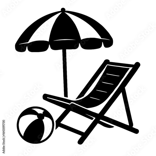 A black and white graphic of a classic beach scene featuring a lounge chair, a striped umbrella, and a beach ball, symbolizing a relaxing summer vacation.