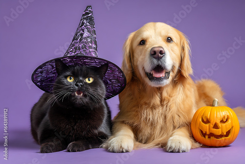 A black cat in a purple witch hat and a golden retriever smiling beside a carved pumpkin on a purple background
