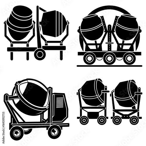 Illustration showcasing various cement mixers and concrete mixing equipment in black and white silhouette style