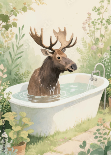 moose soaking in the bathtub Illustrator Artwork design template poster