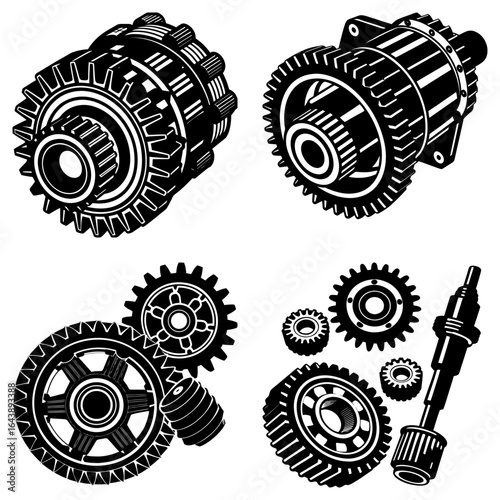 Illustration of various mechanical gears and components in black and white engineering drawing style showing detail 100