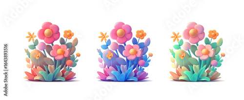 Set of colorful flowers, 3D. Compositions of wild flowers, daisies with leaves and buds. For design concepts of celebrations, greetings. Vector illustration.