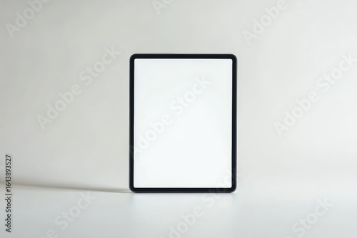 A modern tablet standing upright with a blank white screen, thin bezels, soft reflections, isolated on a clean white background