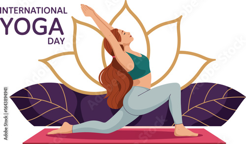 Woman in yoga pose with arms raised on mat for international yoga day celebration with lotus flower