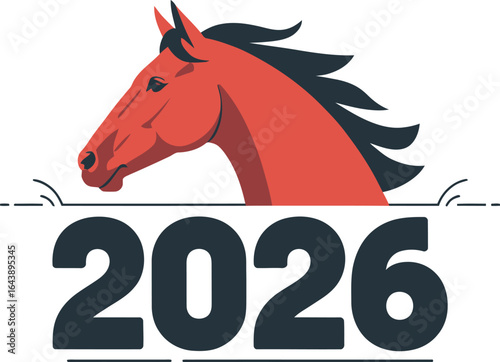A stylized illustration of a red horse head above the year 2026 on a white background graphic