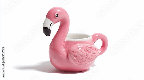 Pink ceramic flamingo-shaped mug sits on white surface