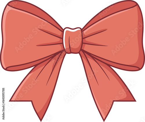 A cartoon illustration of a coral colored bow with a white background and dark brown outline design