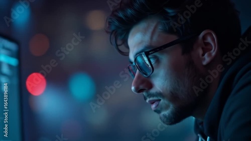 Concentrated programmer immersed in code, illuminated by screen glow