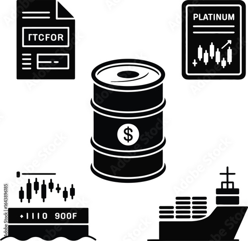 Commodity Trading Icons Oil Barrel Platinum Chart and Cargo Ship