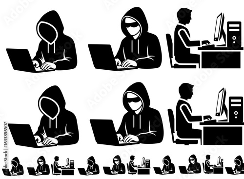 Bold Black & White Hacker & Office Worker Icons – Minimalist Vector Bundle

