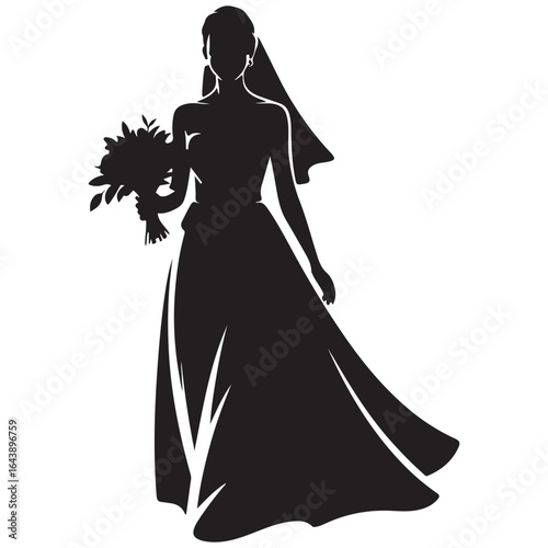 Elegant silhouette of a bride in a flowing wedding dress holding a bouquet