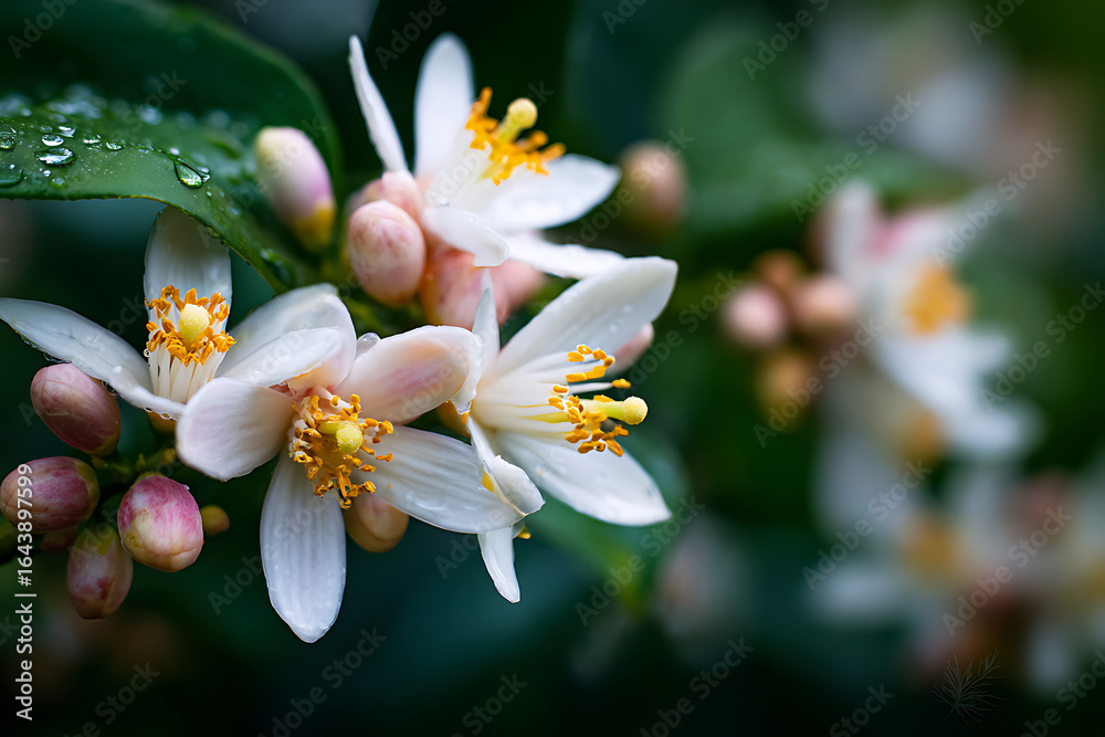 Fototapeta premium Delicate white citrus blossoms and pink buds on a branch after rain.