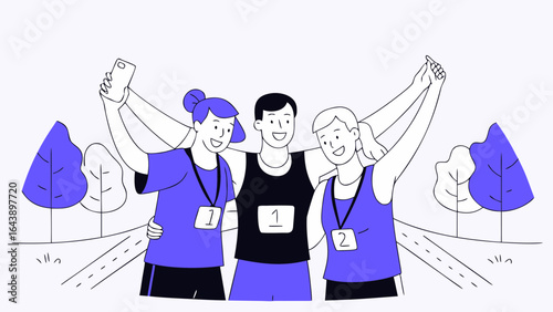 Celebrating running race finish line victory with friends and taking a selfie after marathon competition