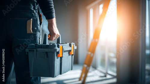 Close-up of a worker in dark coveralls holding a gray toolbox with orange handle, indoor setting with bright sunlight streaming through window, ladder in the background, cinematic industrial atmospher