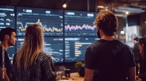 Team reviewing marketing performance data on large screen in office meeting.
Concept: Marketing analytics, strategy, tracking, teamwork, KPIs, business growth.