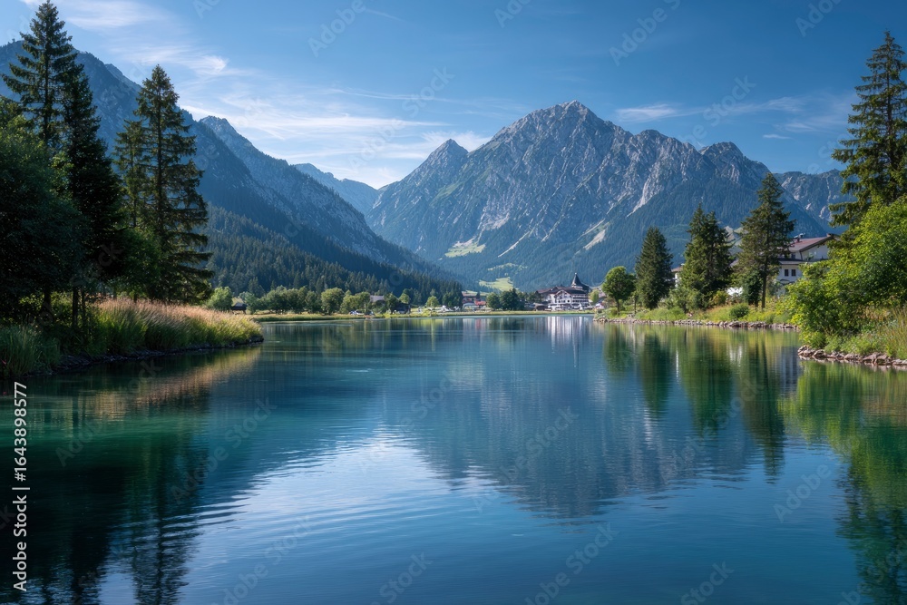 Fototapeta premium Still lake mirroring mountains trees a village under a bright blue sky