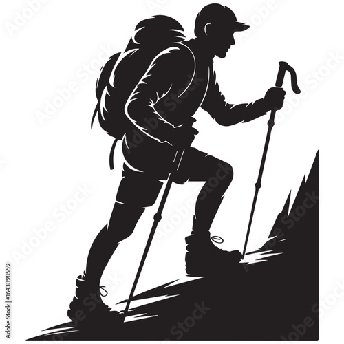 Silhouette of a hiker with trekking poles ascending a rocky slope with a backpack
