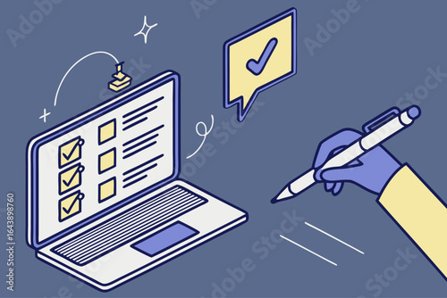 Completing online tasks and achieving goals, Hand marking a checklist on a laptop, Isometric vector illustration - Generative AI