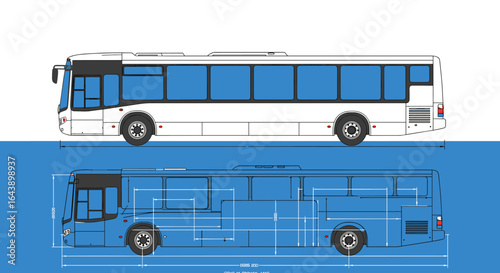 Technical bus blueprint with side and top view on blue background