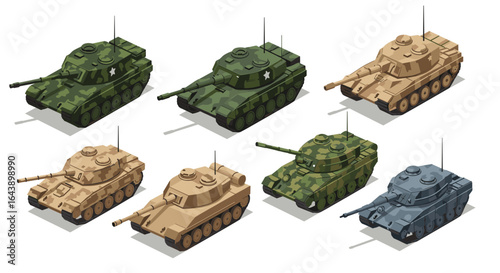 Isometric military tanks in various camouflage patterns on white background
