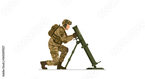 Military soldier operating mortar in flat style on white background