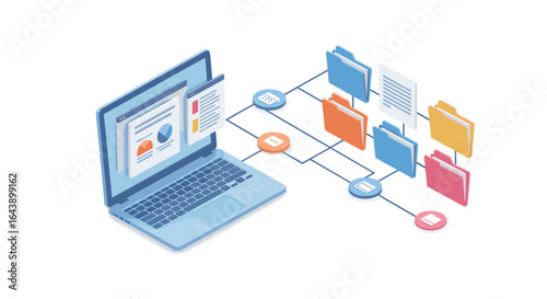 Isometric laptop with cloud document management and file organization system