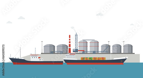 Cargo ships docked at a modern industrial port with storage tanks