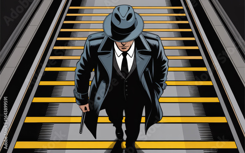 Mysterious Detective Ascending Subway Steps in Chic Noir Style with Bold Yellow Lines