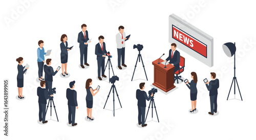 Isometric press conference scene with reporters and cameras in action