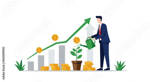 Business growth concept: man watering plant with financial chart and coins