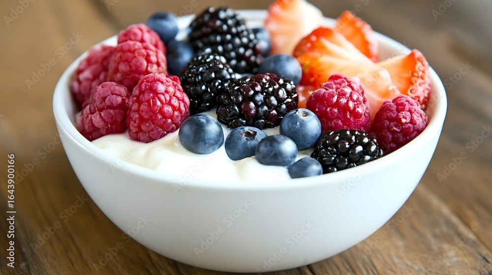 A white bowl filled with yogurt and mixed berries including raspberries blueberries blackberries and strawberries A white bowl filled with yogurt and mixed berries including raspberries blueberries blackberries and strawberries