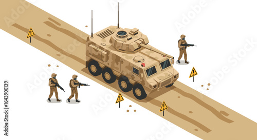 Military patrol on desert road with armored vehicle and soldiers