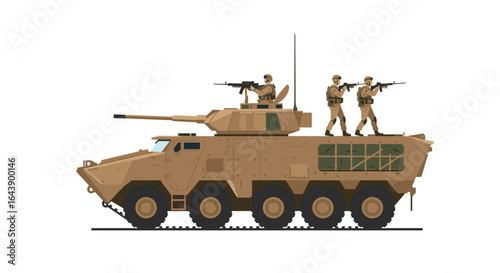 Modern military vehicle with soldiers in combat gear on white background