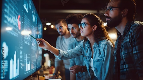 Team reviewing marketing performance data on large screen in office meeting.
Concept: Marketing analytics, strategy, tracking, teamwork, KPIs, business growth.