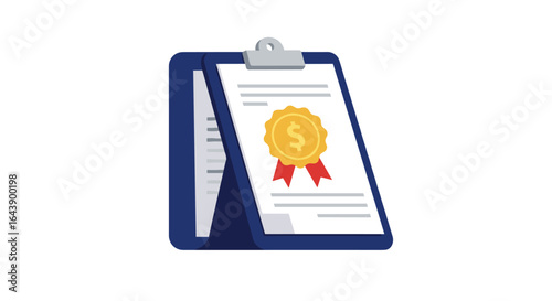 Certificate on clipboard with gold coin badge for financial achievement