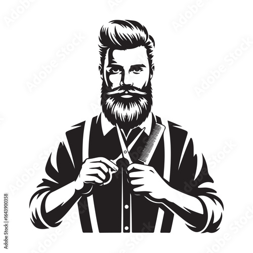 Stylish bearded man adjusting suspenders in vintage black and white illustration