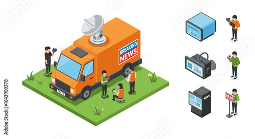 Isometric breaking news van with reporters and camera crew elements
