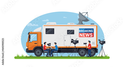 Breaking news live broadcast setup with satellite truck and crew