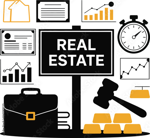 Real estate investment with gold bars and auction gavel vector illustration