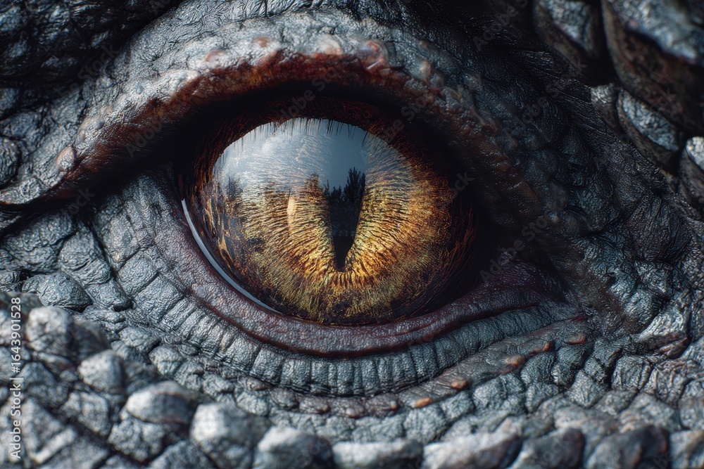 Naklejka premium Close-up of a dragon's eye reflecting the surrounding forest in its stunning detail during daylight hours