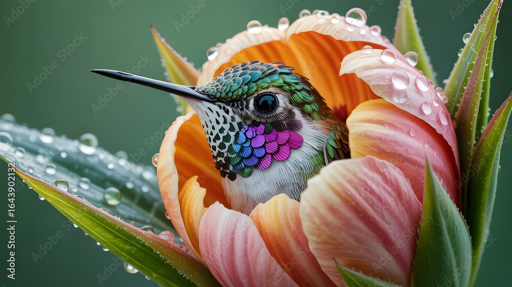 Fototapeta premium Stunning hummingbird resting inside tulip flower after rain with glistening dew drops