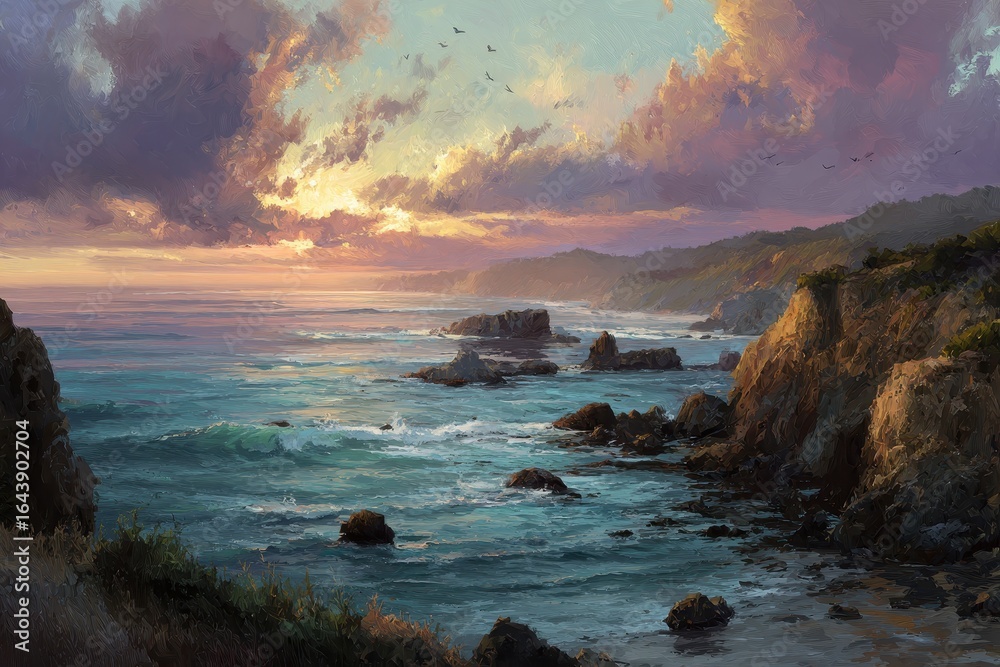 Obraz premium Scenic coastal sunset with dramatic clouds and ocean waves near rocky shore